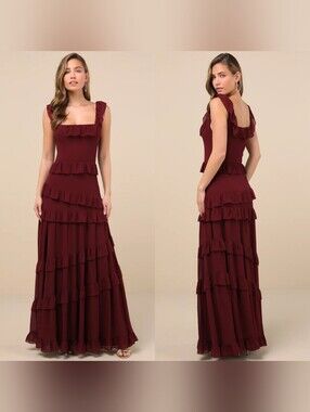 Lulus Compelling Romantic Burgundy Ruffled Tiered Maxi Dress S Wedding Party
